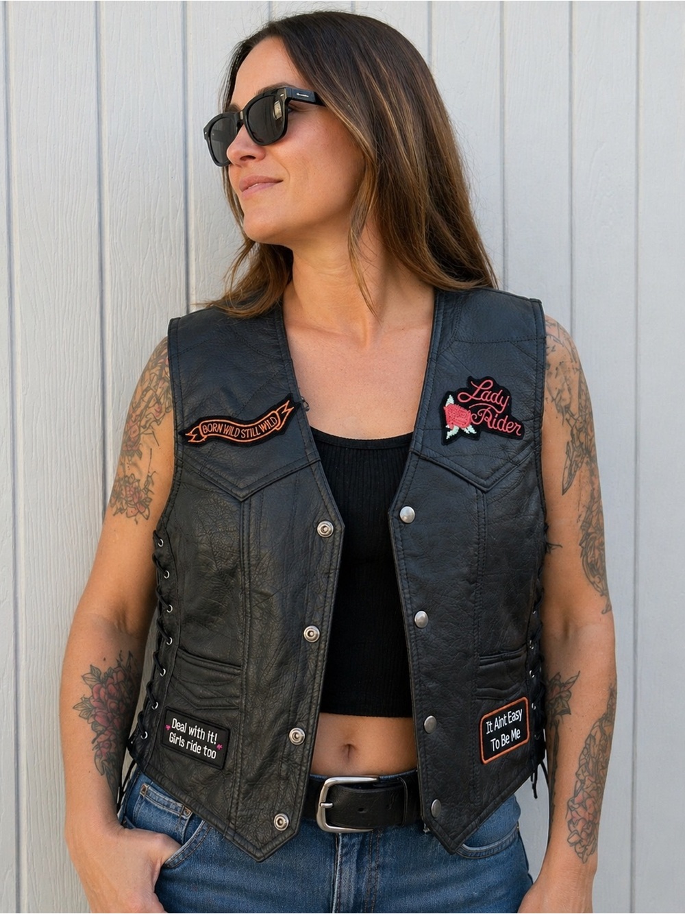 Genuine Leather Biker Vest Women S Diamond Plate Patches Lace Up NWT